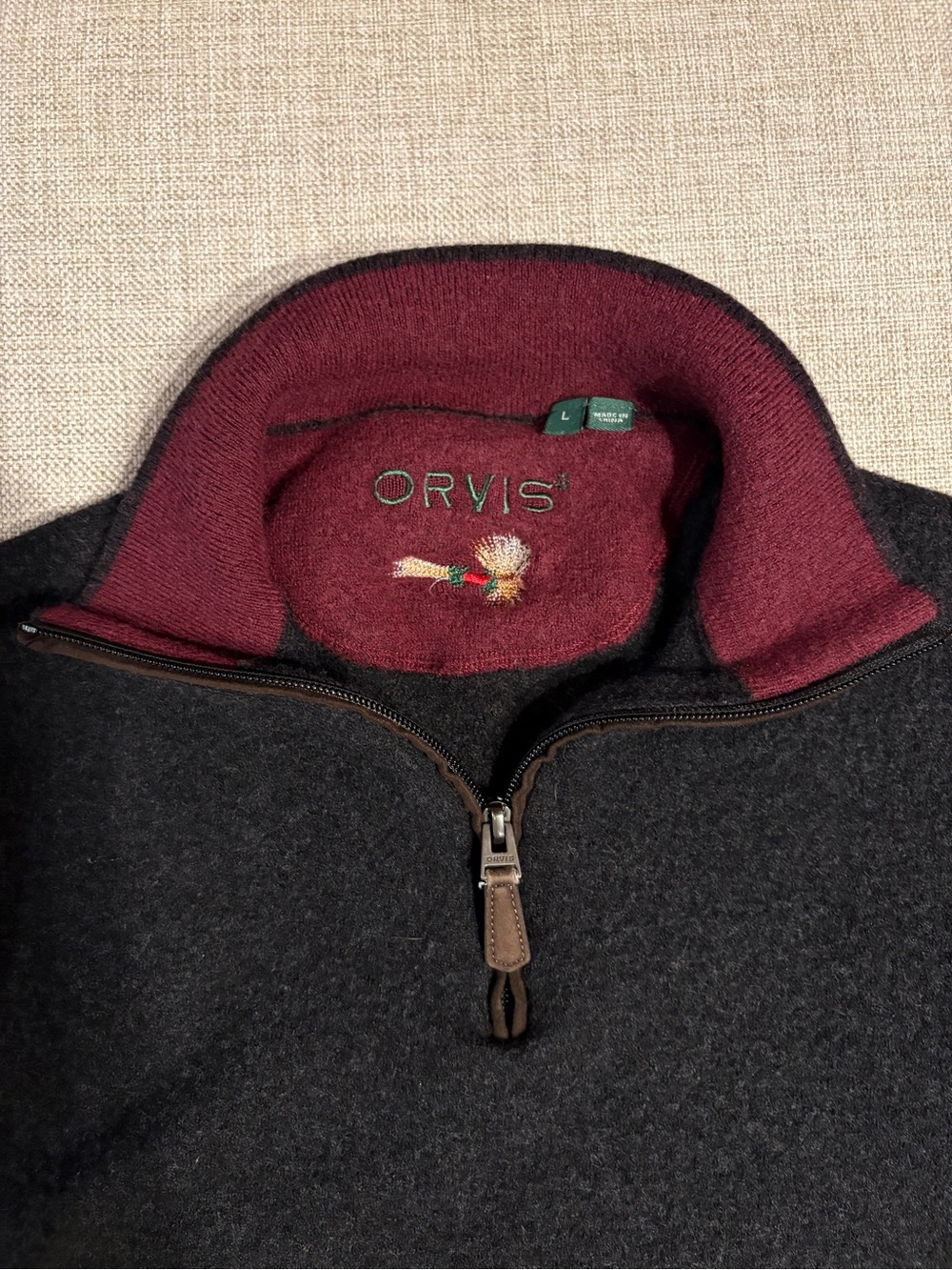 Orvis Kids Large Merino Wool Quarter Zip Sweater Black Fly Fishing